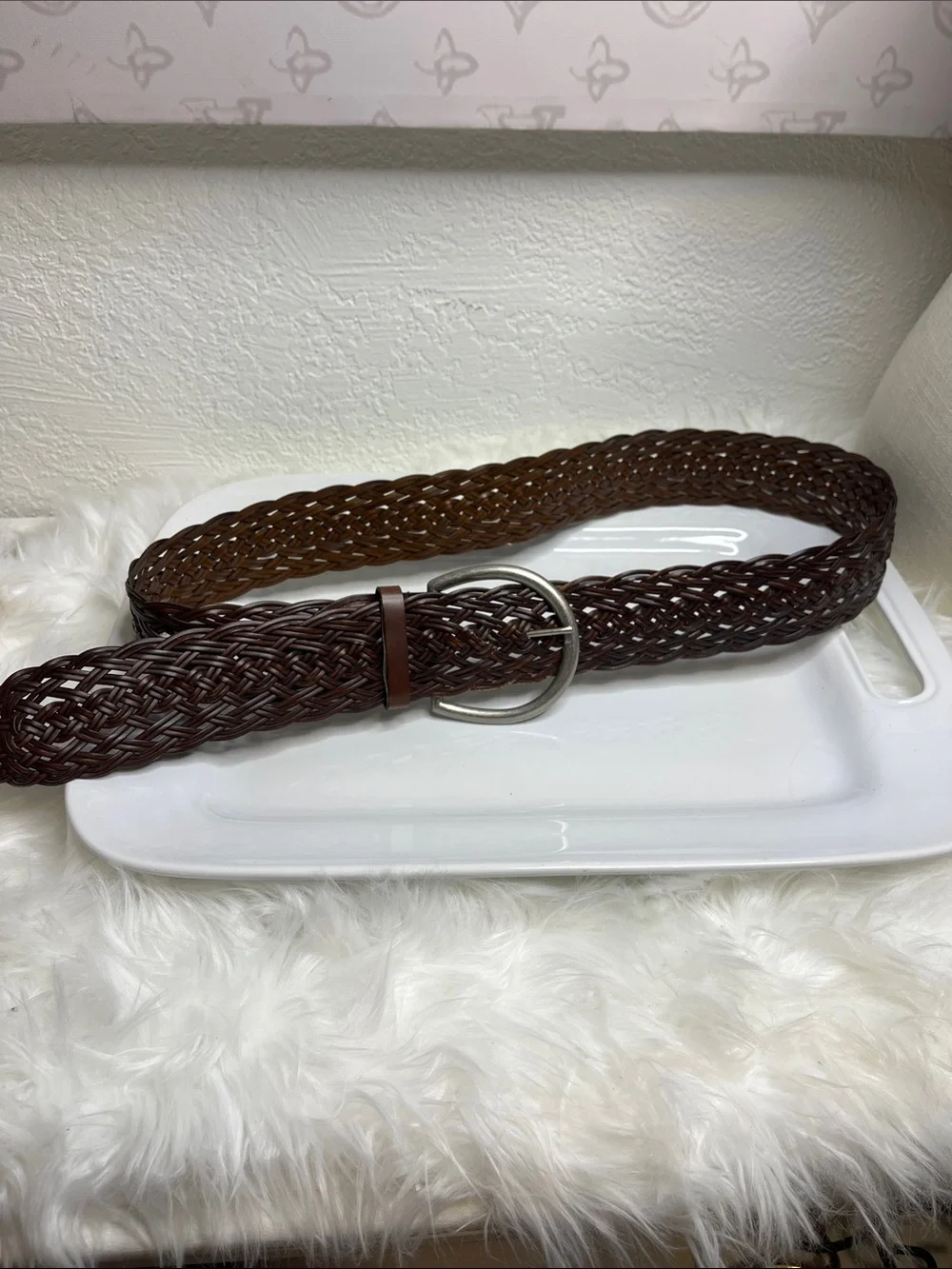 Lane Bryant Braided Leather Belt with Round Silver Buckle - Chestnut Brown